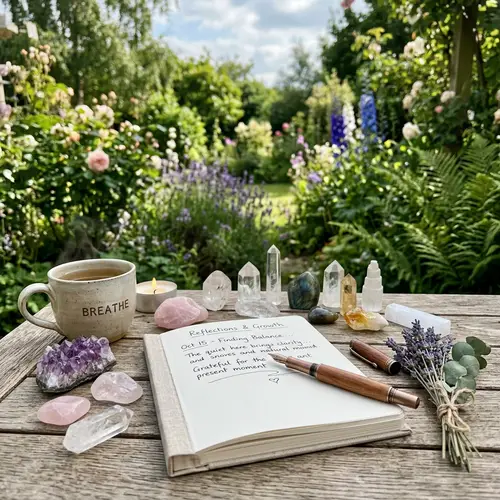 Serene Journaling Scene with Crystals for Self-Care and Growth