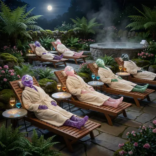 Tranquil Outdoor Spa Garden with Anthropomorphic Crystal Loungers