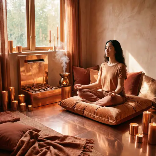 Tranquil Meditation Room with Copper Tones | Peaceful Oasis