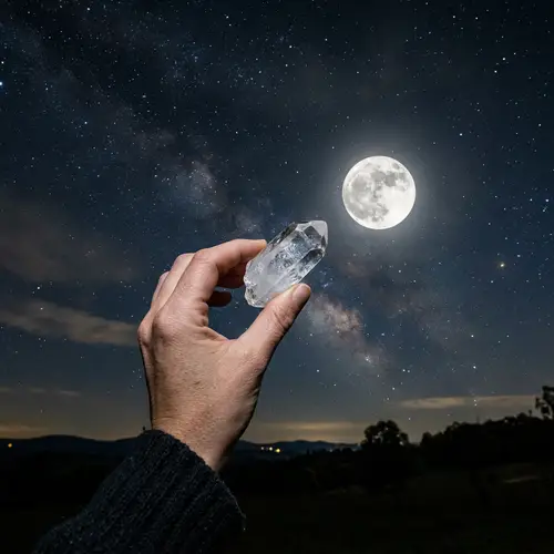 Night Sky Photo with Full Moon and Quartz Crystal