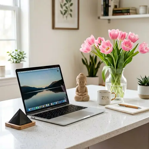 Shungite Crystal Pyramid on Desk | Buddha Figurine | Pink Tulips