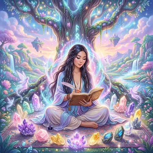 Crystal Journaling in Ethereal Fantasy Landscape