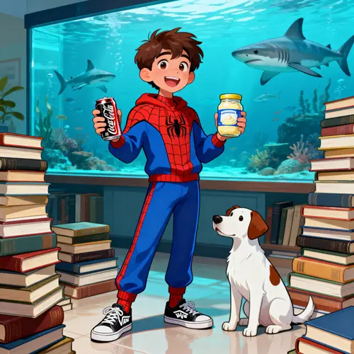 Spiderman Graduation Cartoon with Books and Sharks