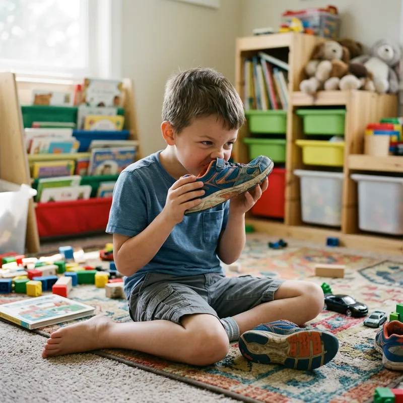 Boy Smelling His Shoes - A Fun Moment