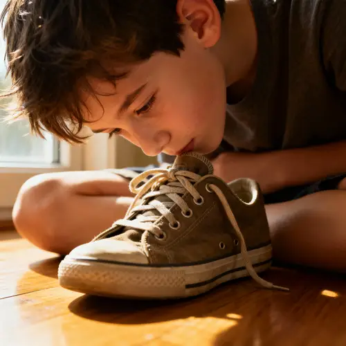 Boy Smelling His Shoes - A Fun Moment