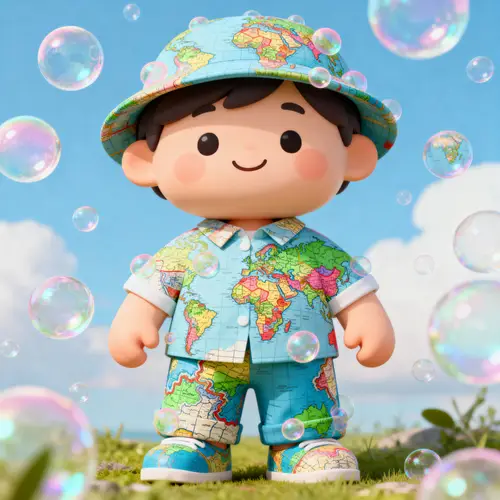 Cartoon Character with Maps and Bubbles Theme