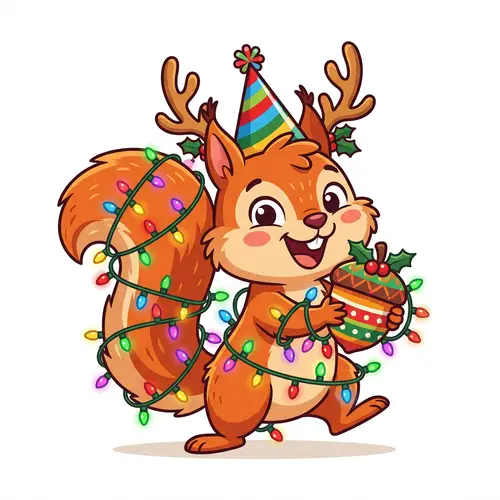 Cheerful Cartoon Squirrel Illustration with Party Hat & Christmas Lights