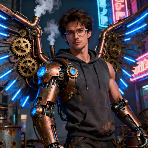 Cyberpunk Male with High-Tech Wings and Hoodie