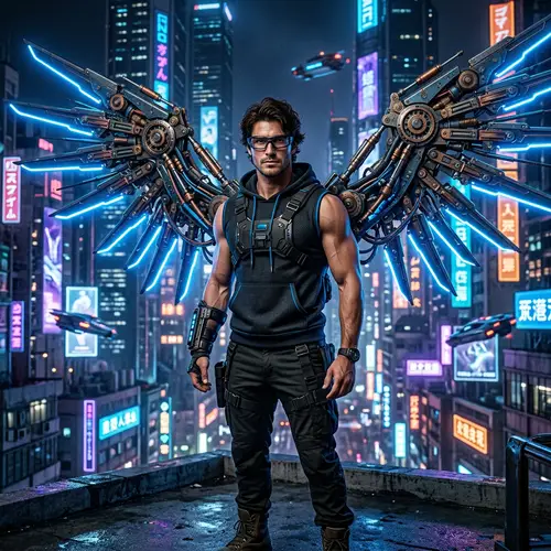 Cyberpunk Male with High-Tech Wings and Hoodie