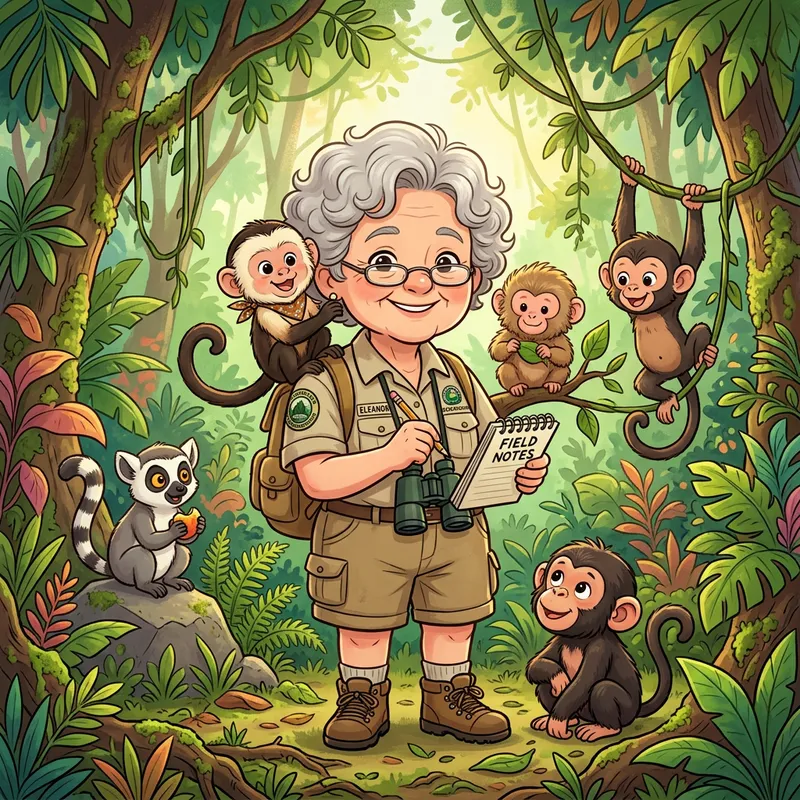Chibi Pixar Style Illustration of Jane Goodall with Friendly Primates
