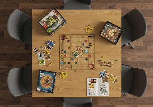 Overhead View of Table and Chairs with Board Game Accessories