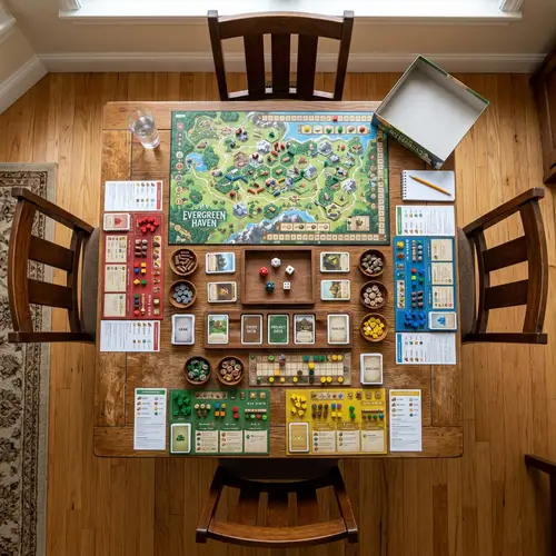 Overhead View of Table and Chairs with Board Game Accessories