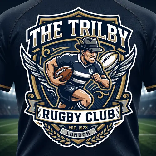 Rugby Team Logo with Trilby Hat Design Element