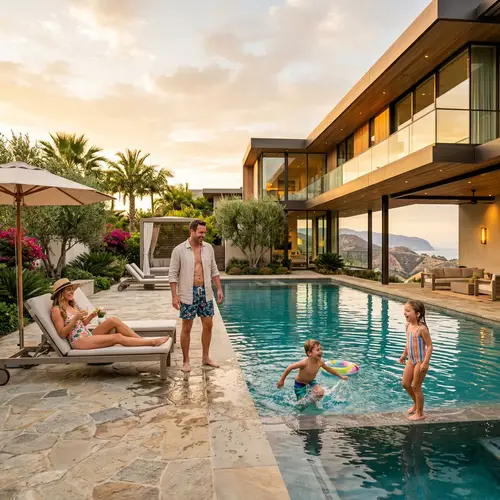 Stunning Real Estate Setting with Modern House and Pool