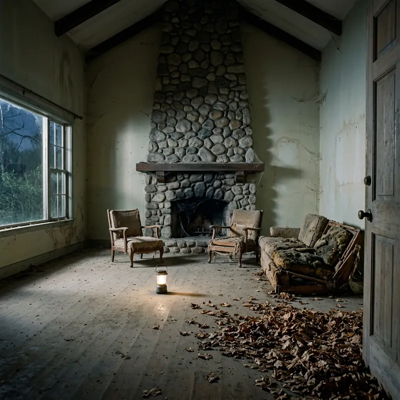 Isolated Abandoned House Interior | Stone Fireplace & Decayed Relics