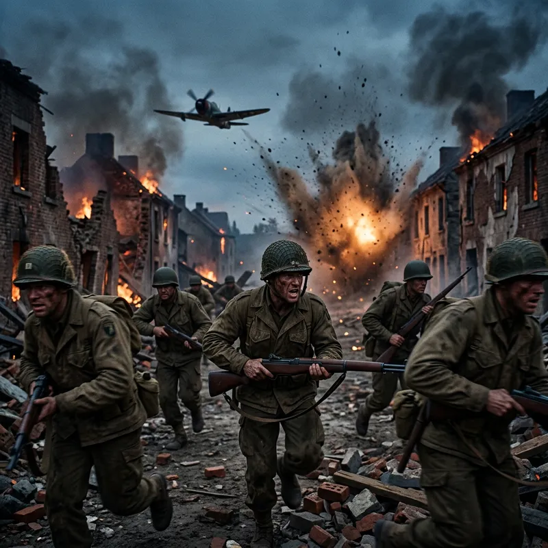 Realistic WWII Battlefield Scene at Dusk