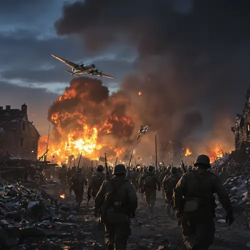 Realistic WWII Battlefield Scene at Dusk