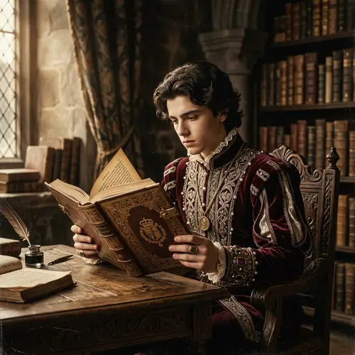 Young Prince in Luxurious Renaissance Attire Reading Book