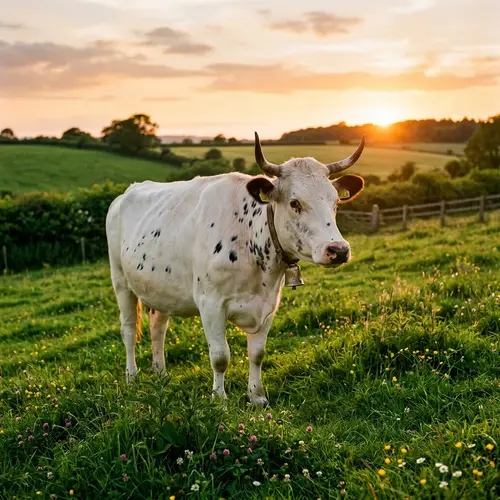 Tranquil Cow in Lush Pasture at Sunset