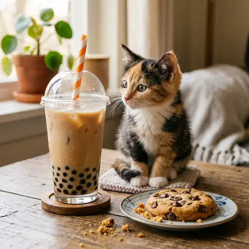 Cute Cat Enjoying Boba Tea and Cookie | Adorable Pet Image