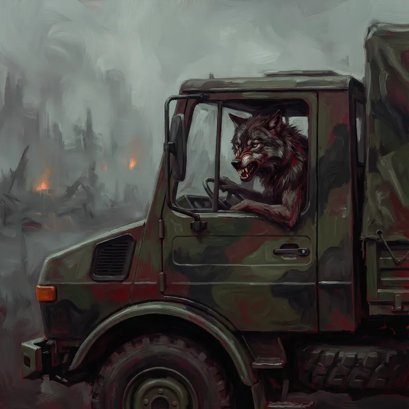 Fierce Wolf in Military Truck - Dramatic Artistry