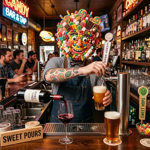 Candy-Head Bartender Serving Beer & Wine