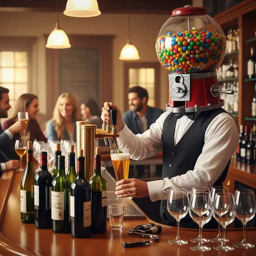 Candy-Head Bartender Serving Beer & Wine