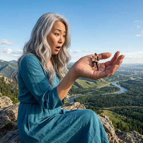 Giantess of East Asian Descent and Tiny Caucasian Figure