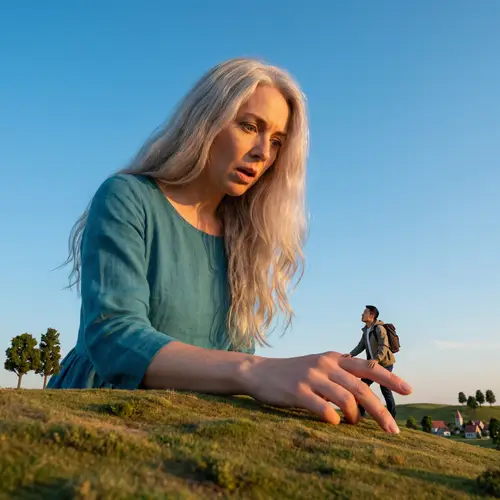 Colossal Woman and Tiny Climbing Figure - Surreal Afternoon Scene