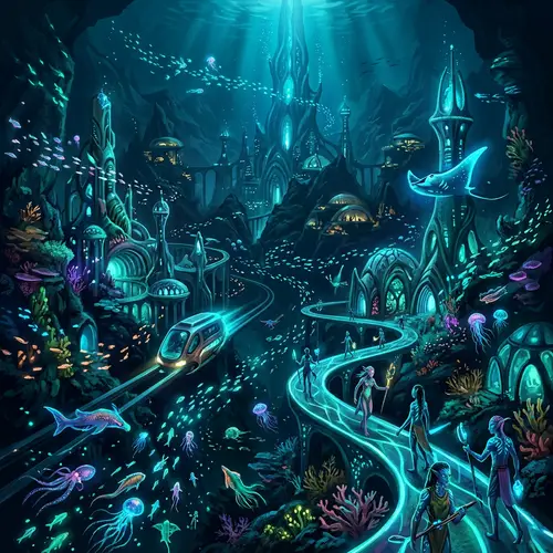 Glow-in-the-Dark Underwater Metropolis with Futuristic City Architecture