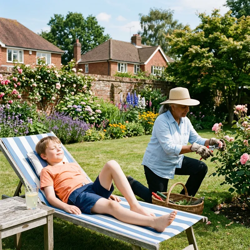 Young Boy Relaxing on Sun Bed While Mother Tends Garden Young Boy Relaxing on Sun Bed While Mother Tends Garden