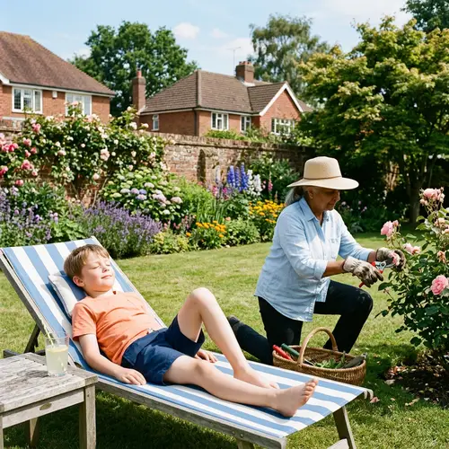Relaxed Boy Sunbathing While Mother Works in Garden