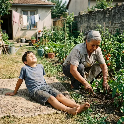 Sunbathing Boy and Working Mother: A Tale of Contrasts