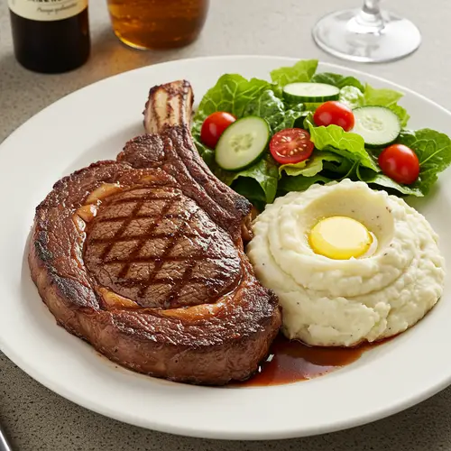 Delicious Prime Ribeye with Mashed Potatoes & Salad