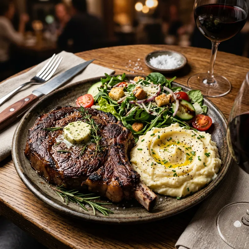 Delicious Prime Ribeye with Mashed Potatoes & Salad