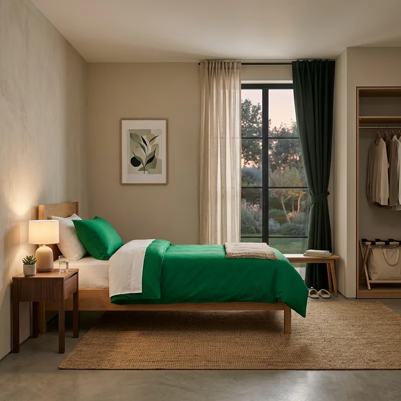 Cozy Minimalistic Hotel Room with Green Bedding