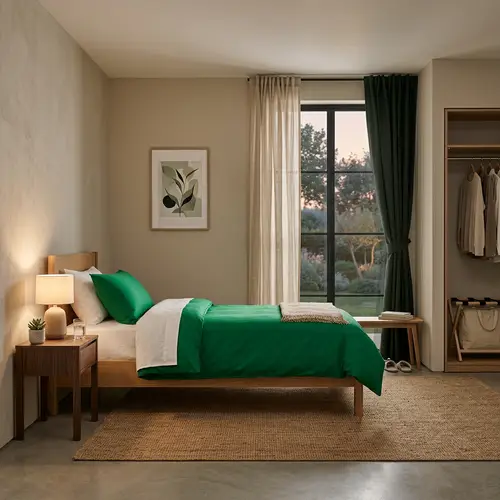 Cozy Minimalistic Hotel Room with Green Bedding