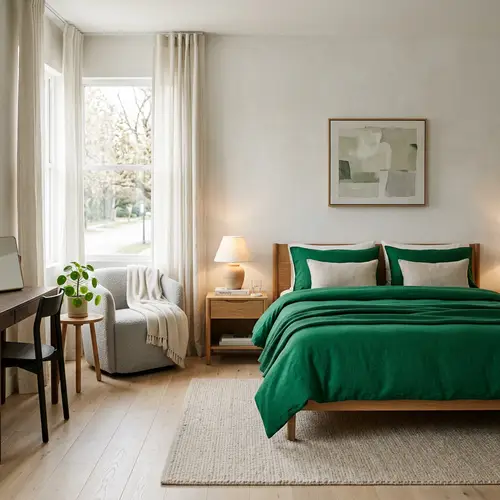 Minimalist Cozy Hotel Room with Green Bedding