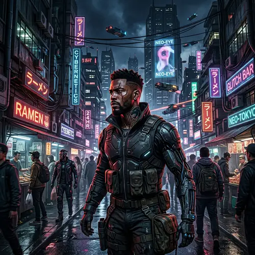 Cyberpunk Cityscape with Cybernetically Enhanced Black Man
