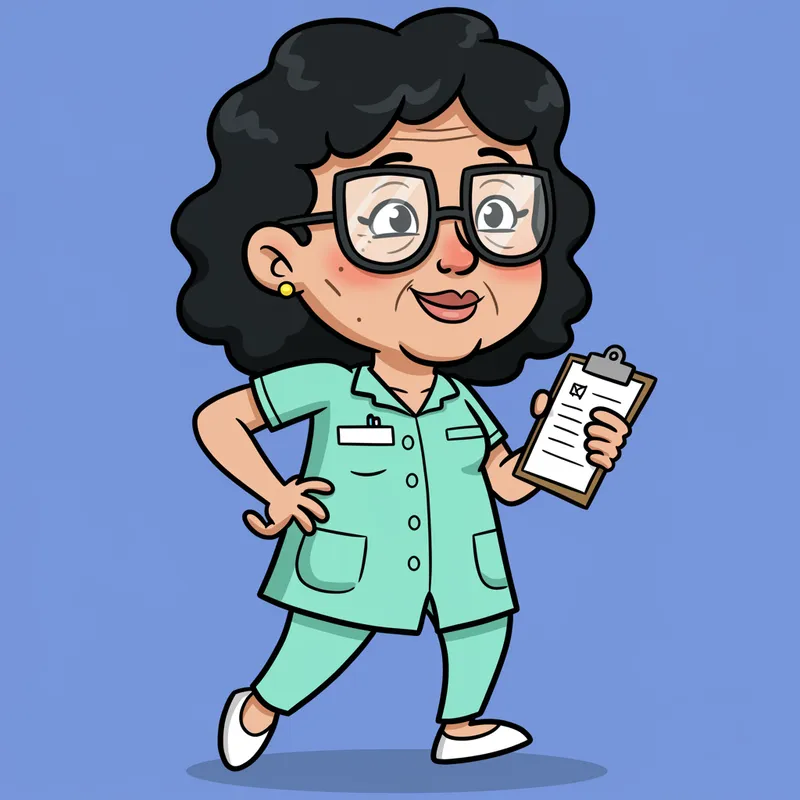 Cartoon Nurse: 40-Year-Old Woman in Aqua Uniform