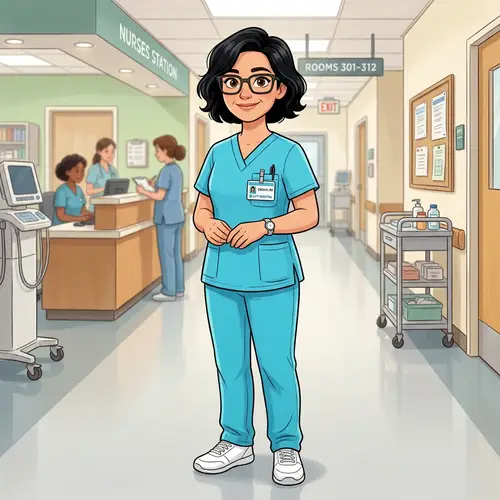 Cartoon Nurse: 40-Year-Old Woman in Aqua Uniform
