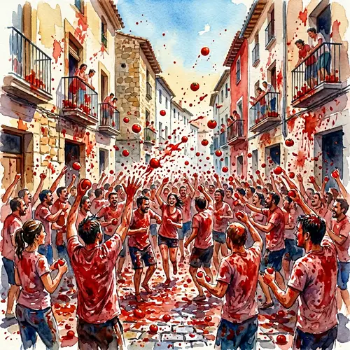 Spanish La Tomatina Festival in Watercolor Art