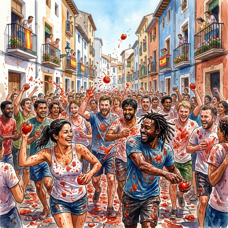 Watercolor Illustration of La Tomatina Spanish Festival