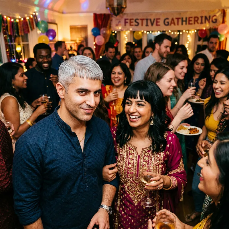 Stylish Black Hair Couple Smirking at Festive Party