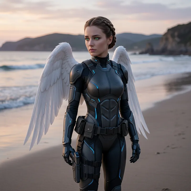 Innocent AI with Angelic Wings - Female Warrior on Seaside Beach