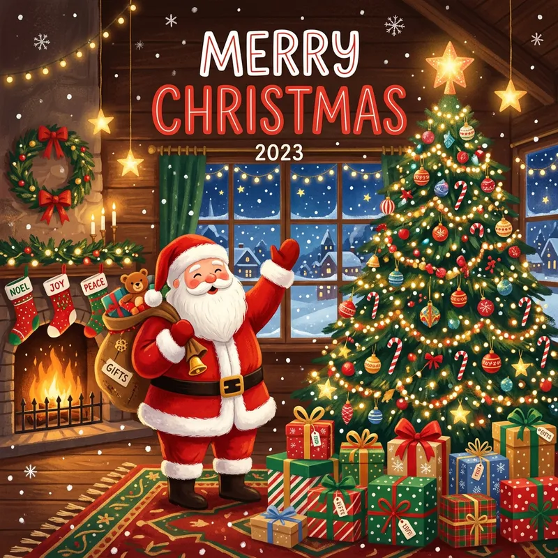 Merry Christmas 2023: Santa, Tree, Gifts, Stars, Lights & Snow