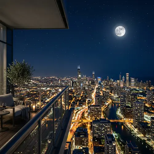 Night Cityscape with Full Moon: Serene Views from High Balcony