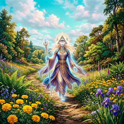 Ethereal Illuminati Deity in Lush Landscape