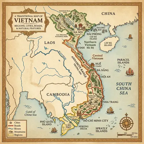 Detailed Map of Vietnam with Regions, Cities, Roads & Natural Features