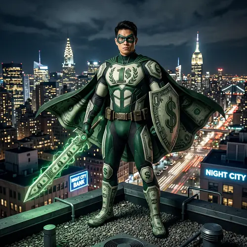 One Dollar Hero: Asian Superhero Fighting Crime with Dollar Bill Powers